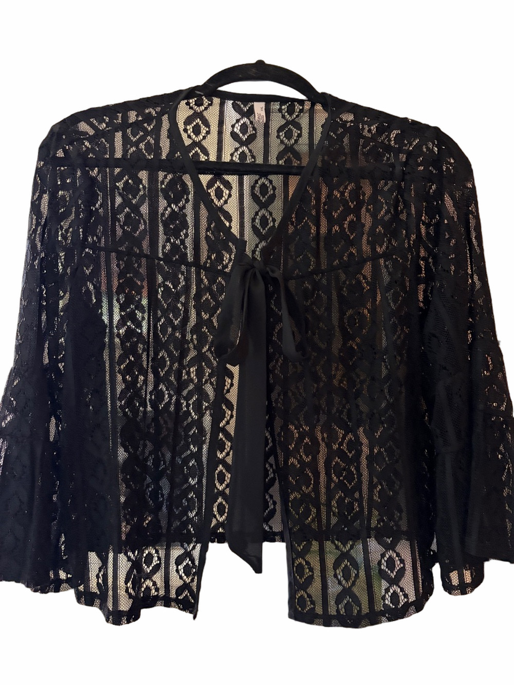 Sheer Black Lace Tie-Front Women's cropped bolero shrug XXL by Meaneor.